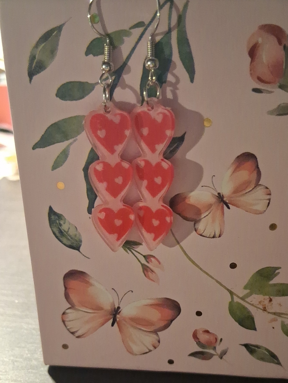 Source Unknown Coral Pink Layered Heart Dangle Earrings